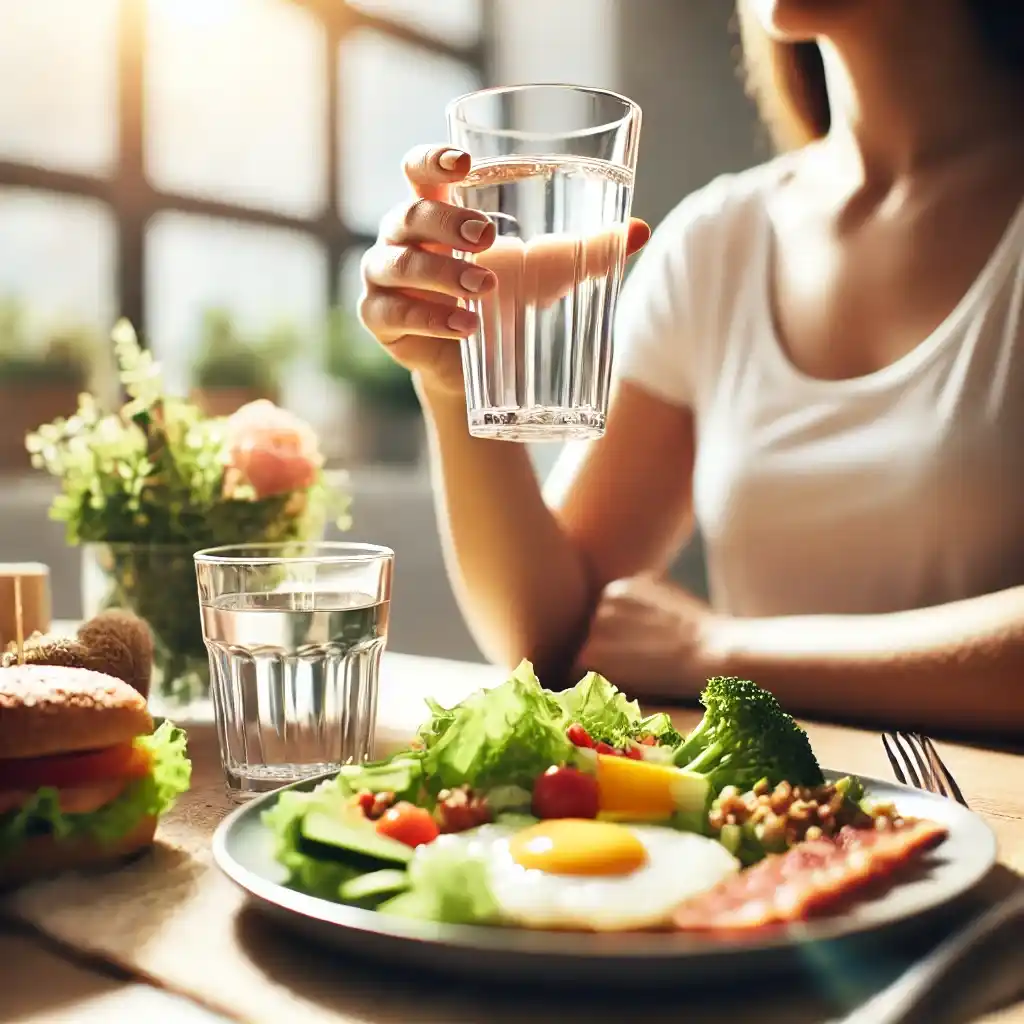 Infographic showing the benefits of drinking water before eating